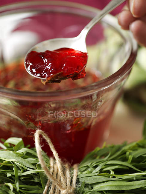 Dedos de mulher segurando colher em jarra de geléia de groselha vermelha caseira — Fotografia de Stock