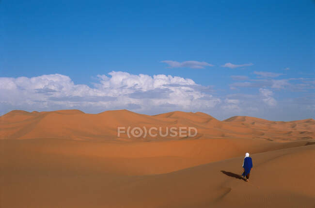 Человек, идущий по пустыне Сахара — стоковое фото