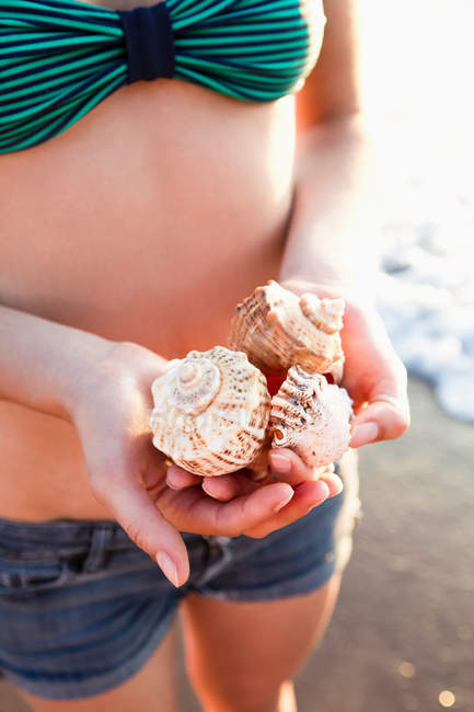 Donna che tiene conchiglie sulla spiaggia — Foto stock