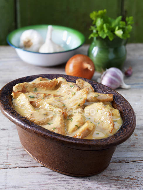Casserole dish with turkey casserole, garlic, onion and green herbs — Stock Photo