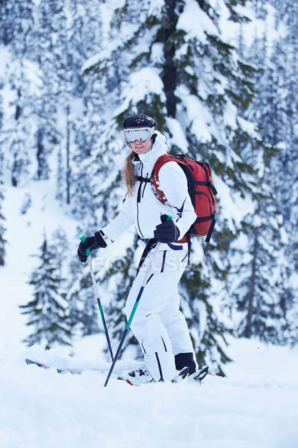 Esquiador sonriendo en la ladera nevada - foto de stock