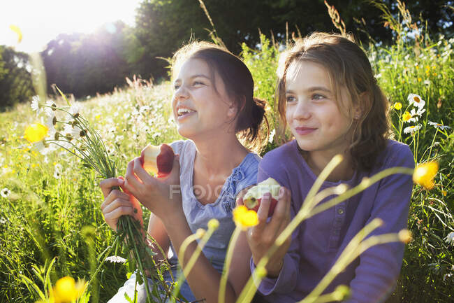 Irmãs sentadas no campo comendo maçãs — Fotografia de Stock