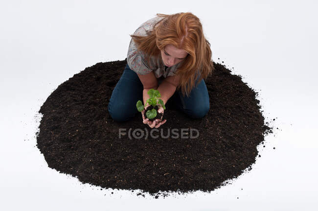 Donna piantare piantina di semenzaio in mucchio di sporcizia — Foto stock