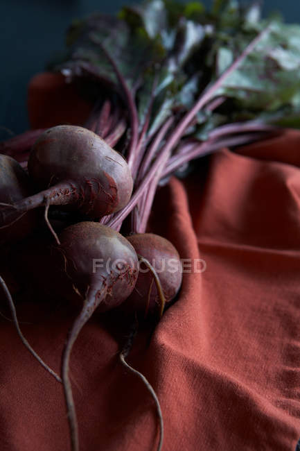 Mazzo di barbabietole fresche raccolte su tovaglia rossa — Foto stock