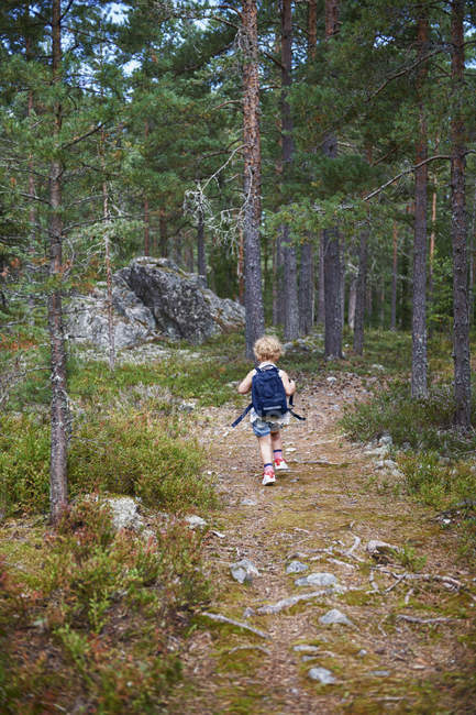 Rear view of girl carrying rucksack through forest — Stock Photo
