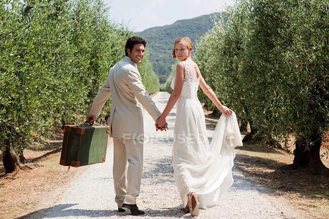 Mariés marchant sur la route de campagne avec valise — Photo de stock