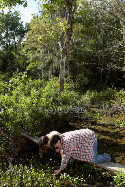 Mãe e filha ajoelhadas no calçadão na floresta — Fotografia de Stock