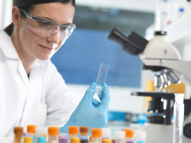 Scientist holding microscope slide with blood sample in lab — Stock Photo