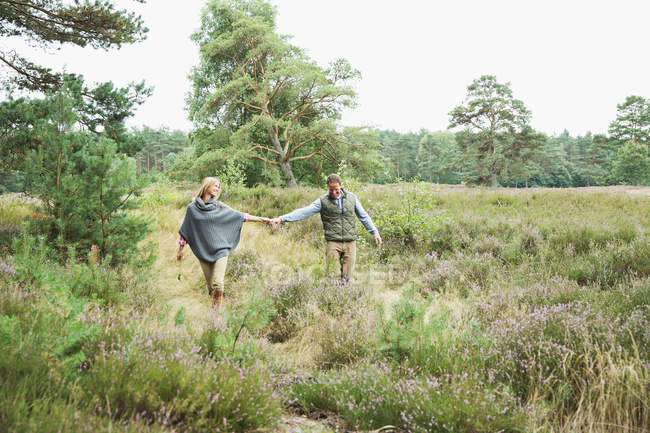 Взрослая пара, держащаяся за руки на лугу — стоковое фото