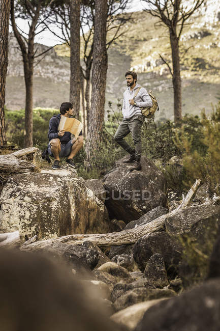 Male hikers looking at map on forest rock formation, Deer Park, Cape Town, South Africa — Stock Photo