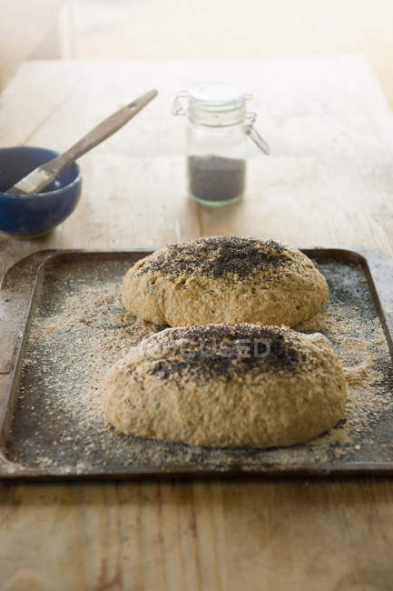 Two organic loaves of bread ready for baking — Stock Photo