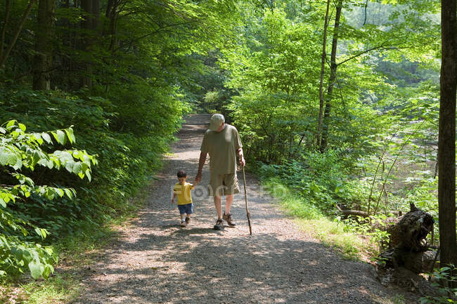 Grandfather and grandson walking along forest path — Stock Photo