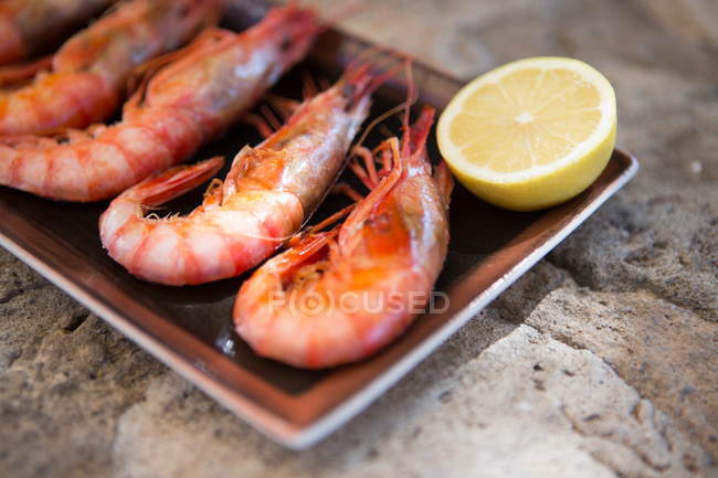 Crevettes bouillies fraîches et moitié citron dans une assiette — Photo de stock