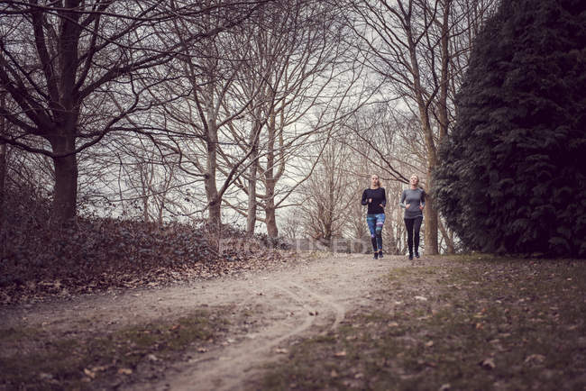 Femmes jogging sur piste de terre bordée d'arbres — Photo de stock