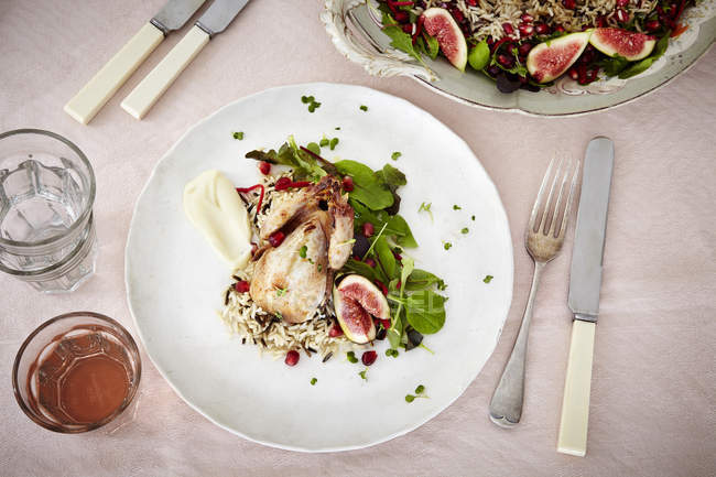 Assiette de volaille sauvage rôtie et de figues sur la table — Photo de stock