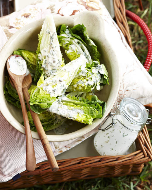 Вид сверху на кос салат задушенный травяным салатом в миске — стоковое фото