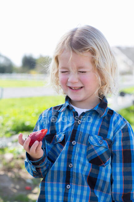 Boy eating strawberry outdoors — Stock Photo