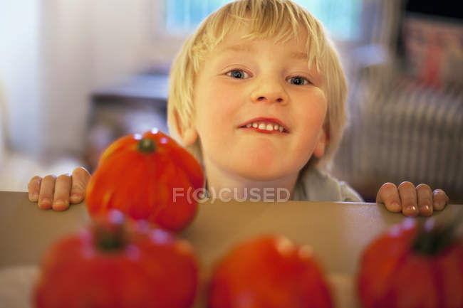 Portrait of boy with homegrown tomatoes — Stock Photo