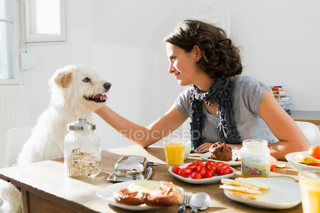 Frau streichelt Hund am Tisch — Stockfoto