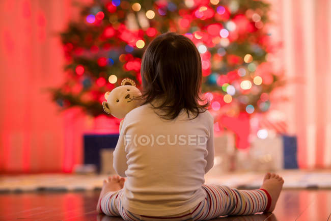 Chica admirando árbol de Navidad - foto de stock
