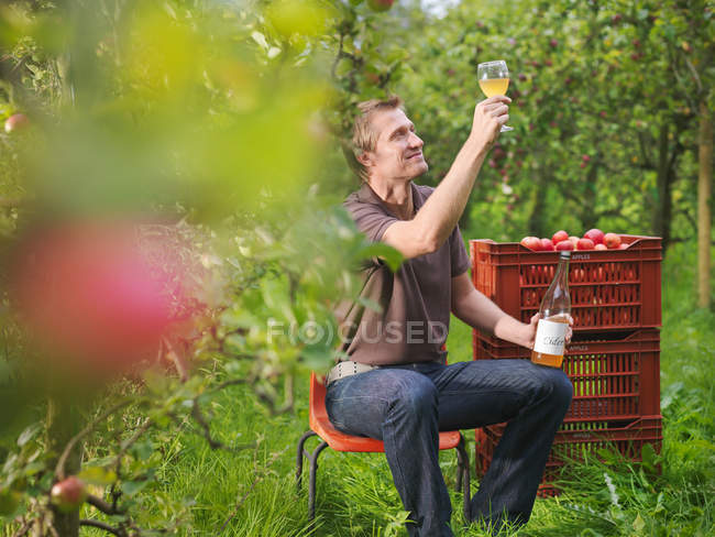 Bauer trinkt Apfelwein im Obstgarten — Stockfoto
