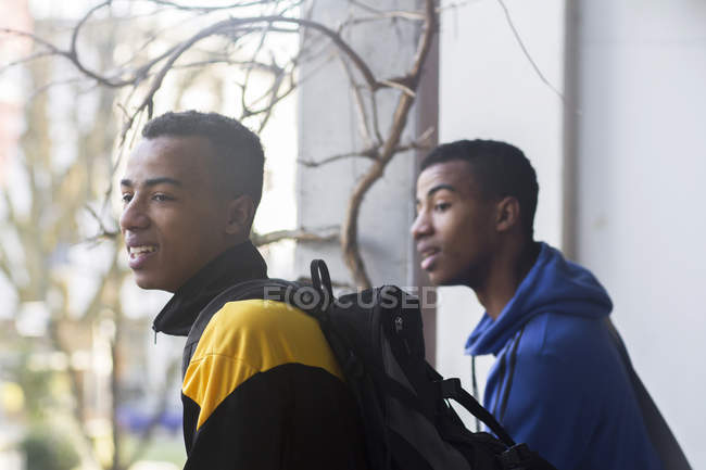 Fratelli gemelli che guardano fuori dalla finestra — Foto stock