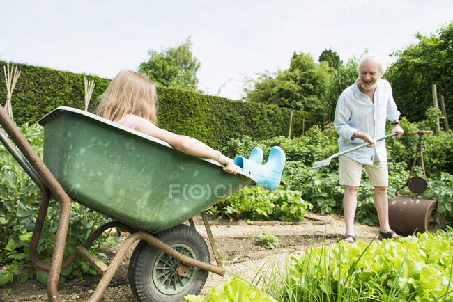 Girl sitting in wheelbarrow, grandfather gardening — Stock Photo