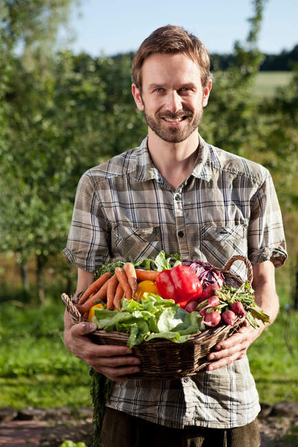 Человек держит корзину овощей — стоковое фото