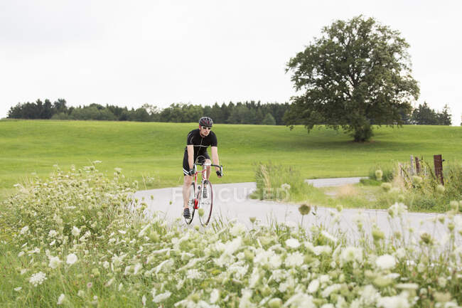 Reifer männlicher Radfahrer auf Landstraße — Stockfoto