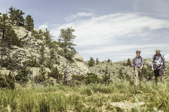 Hombre e hijo adolescente senderismo en el paisaje, Bridger, Montana, Estados Unidos - foto de stock