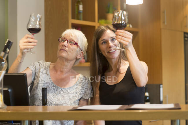 Frauen am Tresen in Weinstube prüfen Klarheit des Weins — Stockfoto