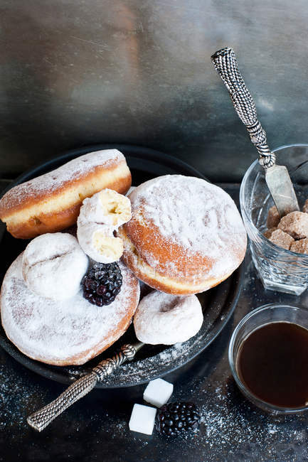 Donuts with coffee and sugar — Stock Photo