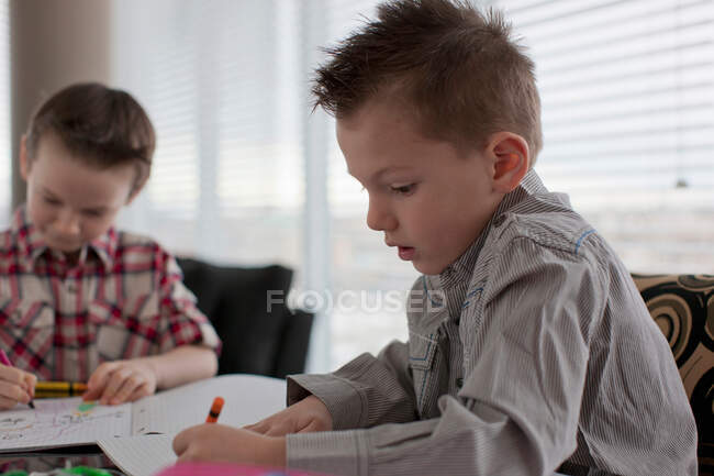 Мальчики раскрашивают вместе за столом — стоковое фото