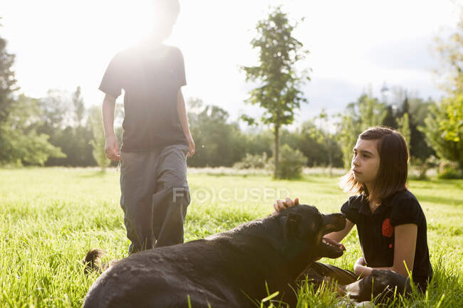 Дівчина погладжує собаку, хлопчик ззаду — стокове фото