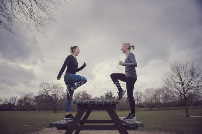 Full length side view of women doing step ups on picnic bench — Stock Photo