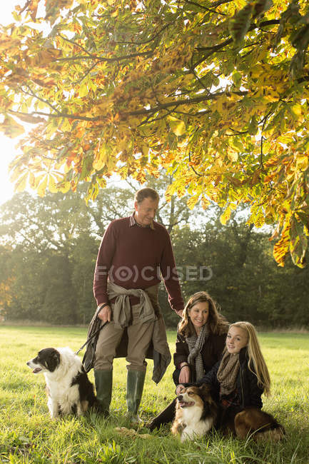 Portrait of grandparents and granddaughter with dogs, Norfolk, UK — Stock Photo