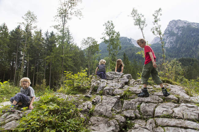 Hermanos y hermanas jugando en la formación de rocas en el bosque, Zauberwald, Baviera, Alemania - foto de stock