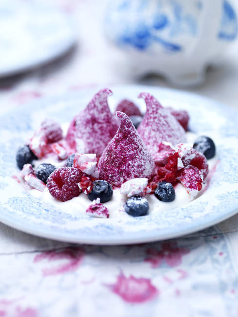 Raspberry meringue dessert with berries and powdered sugar — Stock Photo