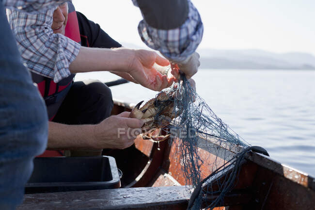 Pessoas em barco pescando caranguejos, Aure, Noruega — Fotografia de Stock