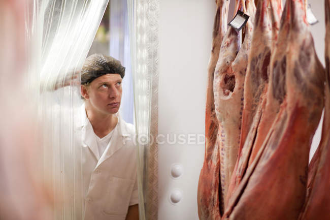 Чоловічий м'ясник дивиться на м'ясо в морозильній камері — стокове фото