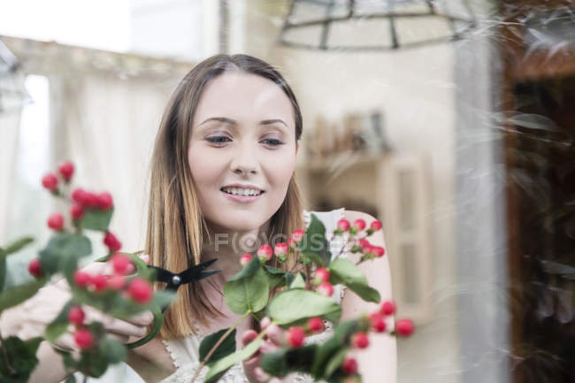 Vista através de vidro de mulher poda planta com tesoura — Fotografia de Stock