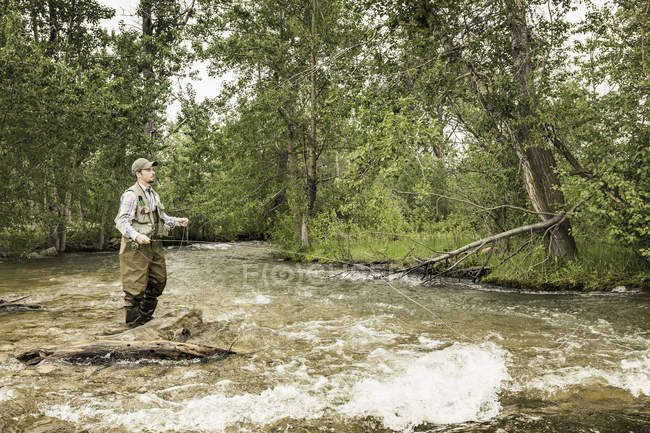 Hombre con vadeadores tobillo profundo en la pesca acuática - foto de stock