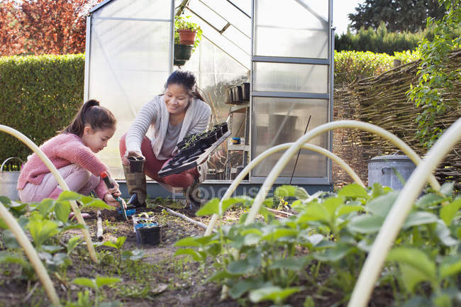 Mother and daughter gardening by greenhouse — Stock Photo