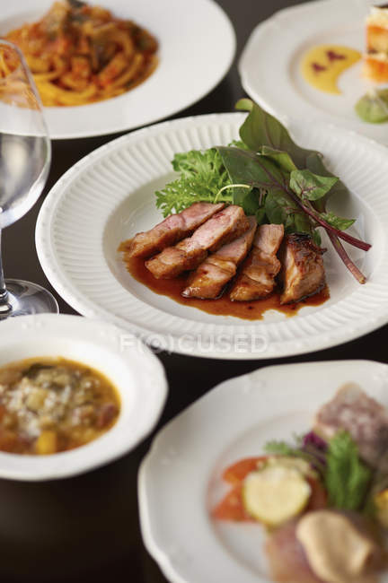 Variété d'assiettes entourant la viande tranchée et la garniture de mélange de salade — Photo de stock