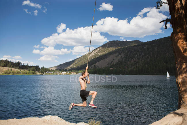 Giovane uomo oscillante su corda altalena sul lago, Mammoth Laghi, California, USA — Foto stock