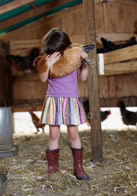 Girl holding chicken in hen house — Stock Photo