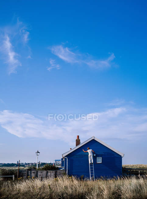 Вид сзади человека, покрашивающего дом в синий цвет — стоковое фото