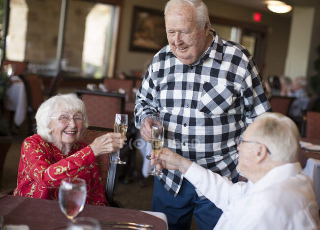 Tres adultos mayores en el restaurante, sosteniendo copas de champán, haciendo tostadas - foto de stock