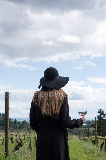 Жінка стоїть у винограднику, тримає келих вина, вид ззаду — стокове фото