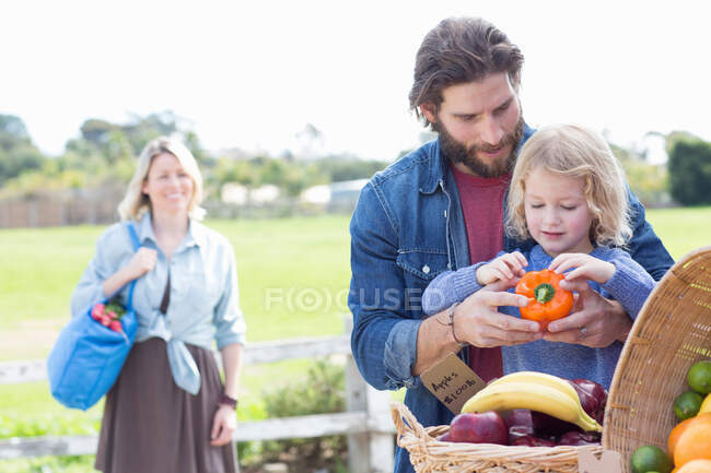 Семейные покупки на фермерском рынке — стоковое фото